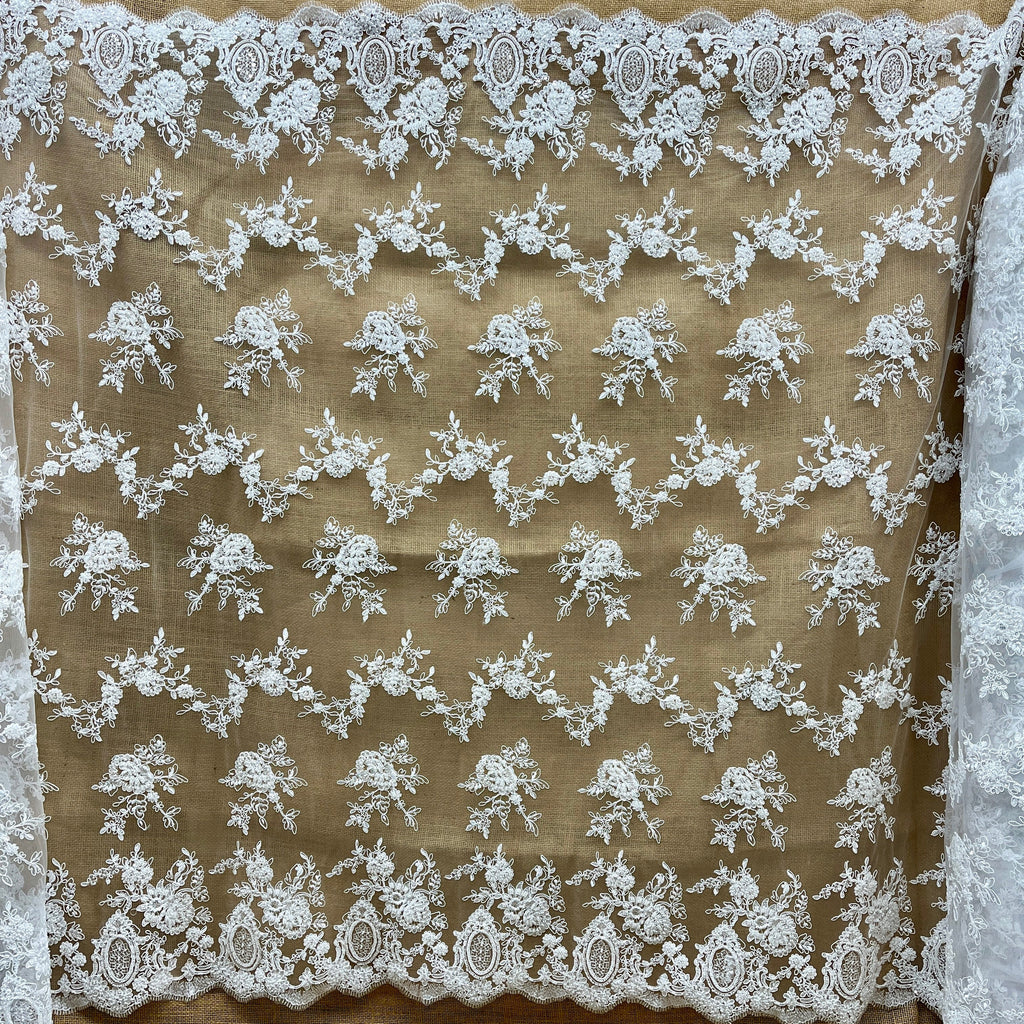 Beaded & Corded Bridal Lace Fabric Embroidered on 100% Polyester Net Mesh | Lace USA - 96788W-HB-3